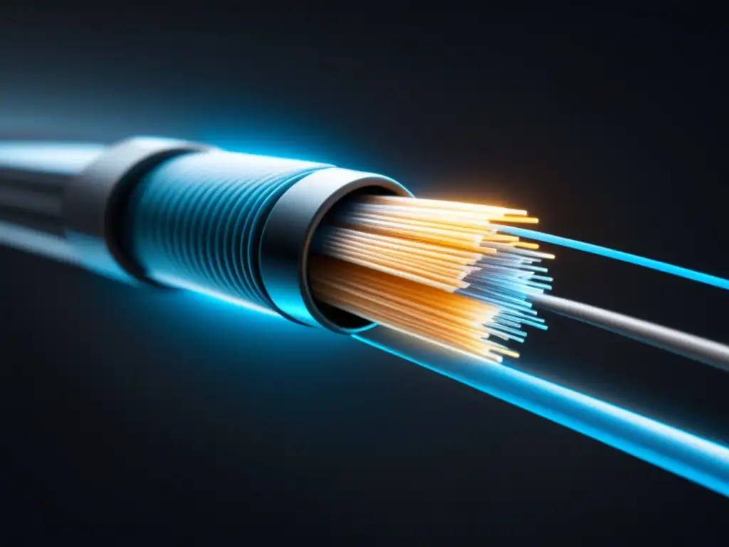 Innovaciones destacadas en fibra óptica: cable de fibra óptica moderno y minimalista, detalle de transparencia y brillo azul