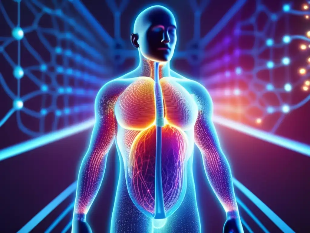Avances en medicina y biotecnología: Cuerpo humano con fibras ópticas Avances en fibra óptica en medicina y biotecnología: imagen detallada del cuerpo humano con redes de fibra óptica