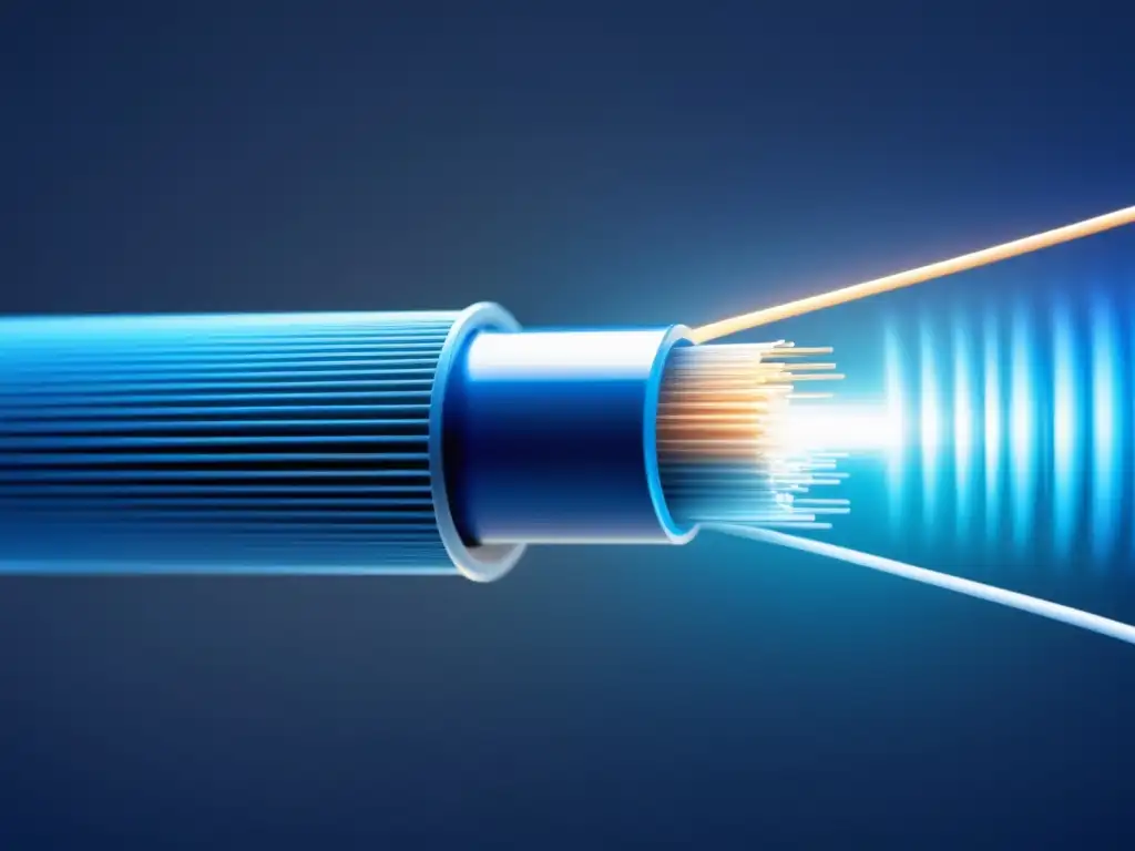 Importancia seguridad en fibra óptica: Imagen de cable óptico azul brillante y red interconectada