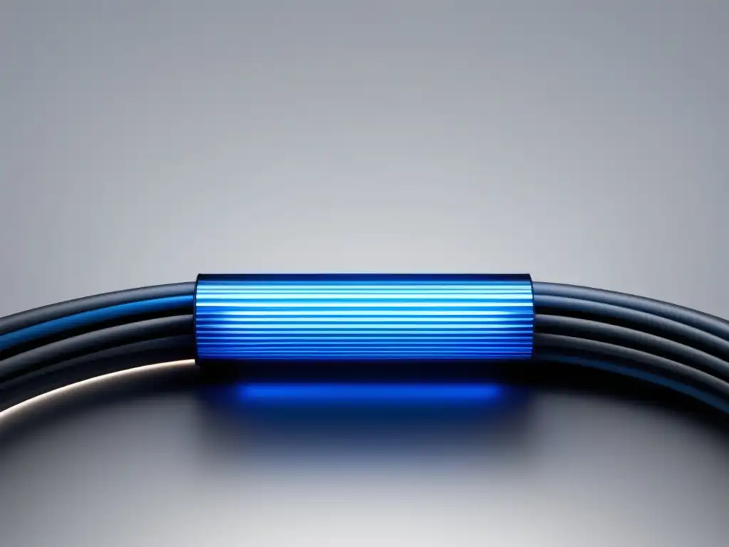 Diseño minimalista y moderno con una fibra óptica azul destacando en un fondo blanco