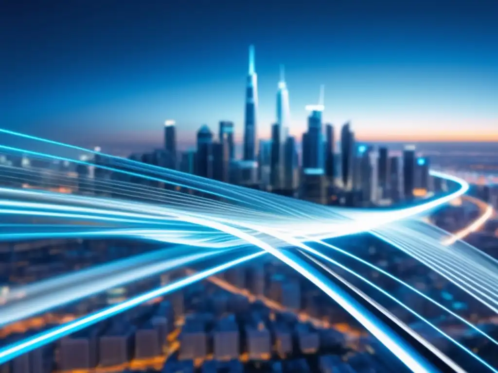 Fibra óptica en ciudad futurista Ventajas de la fibra óptica en una ciudad futurista con cable brillante y edificios modernos