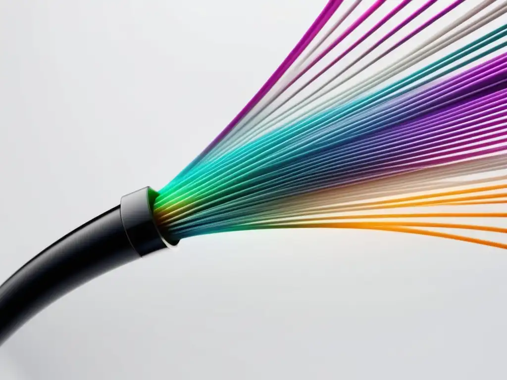 Innovaciones en fibra óptica: cable elegante y futurista con hilos transparentes paralelos que emiten luz vibrante