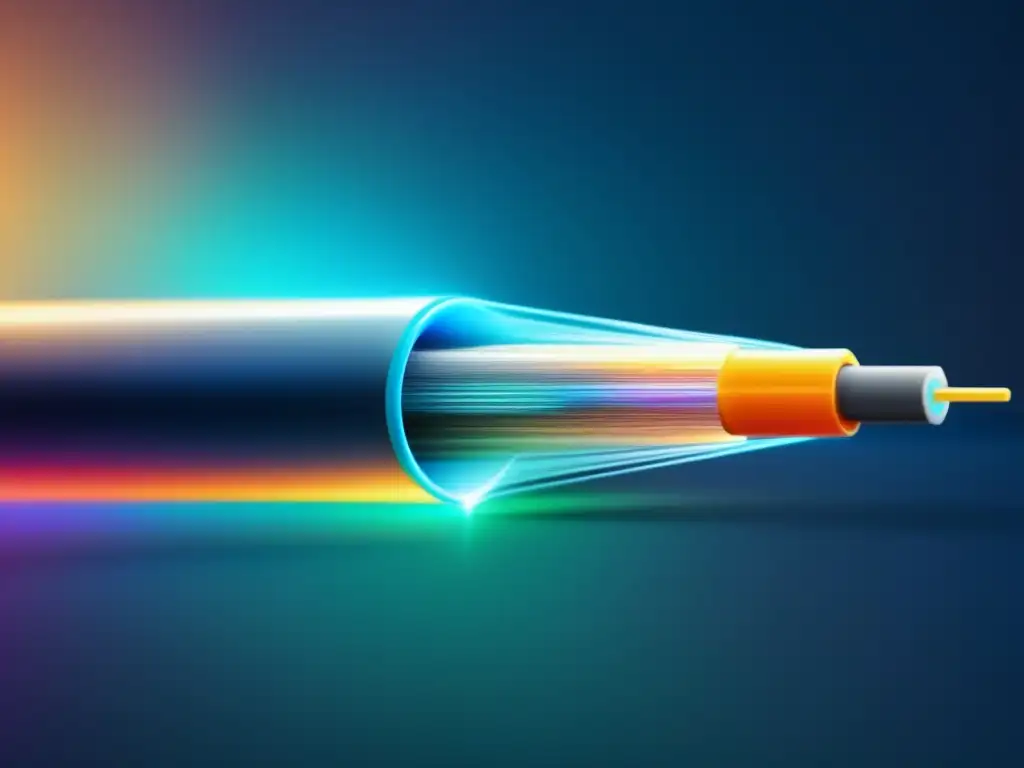 Transformación tecnología fibra óptica - Detalles y elegancia de un cable de fibra óptica moderno, iluminado con colores vibrantes