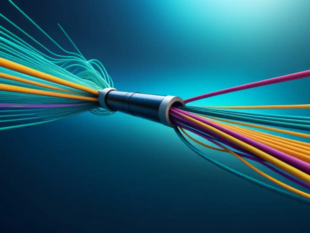 Beneficios fibra óptica submarina: Imagen 8k detallada muestra sistema cableado submarino vibrante, eficiente y moderno