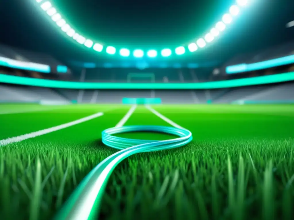 Beneficios de la fibra óptica en transmisiones deportivas en vivo: imagen 8k ultradetallada de una escena minimalista y moderna, con un cable de fibra óptica transparente serpenteando por un campo de fútbol verde y vibrante