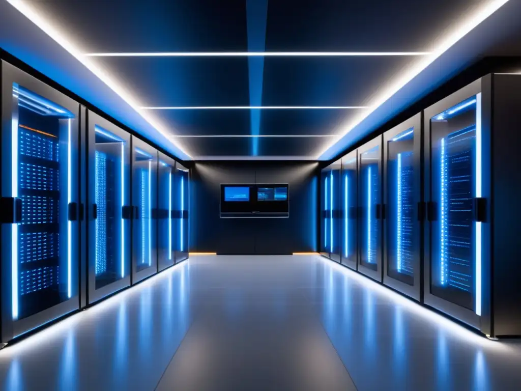 Beneficios de tecnología óptica en data centers: imagen 8k ultradetallada de centro datos futurista, diseño minimalista y eficiencia