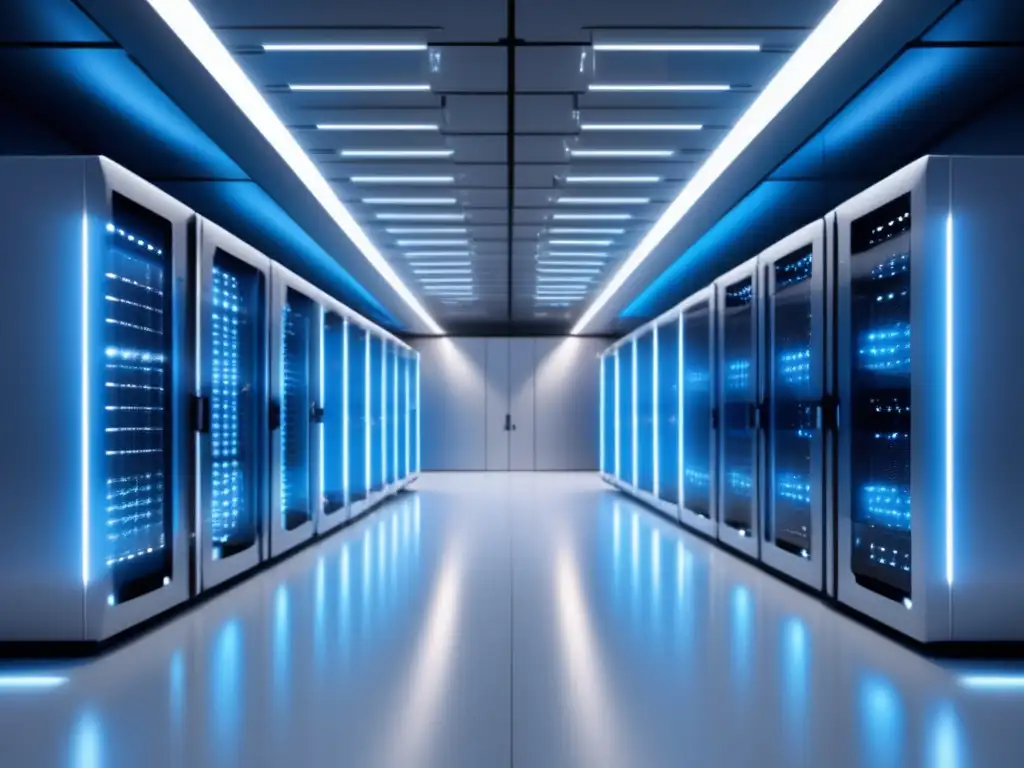 Ventajas Data Centers Fibra Óptica: Centro datos ultradetallado 8K, futurista, con servidores hightech organizados, conexiones fibra óptica rápidas