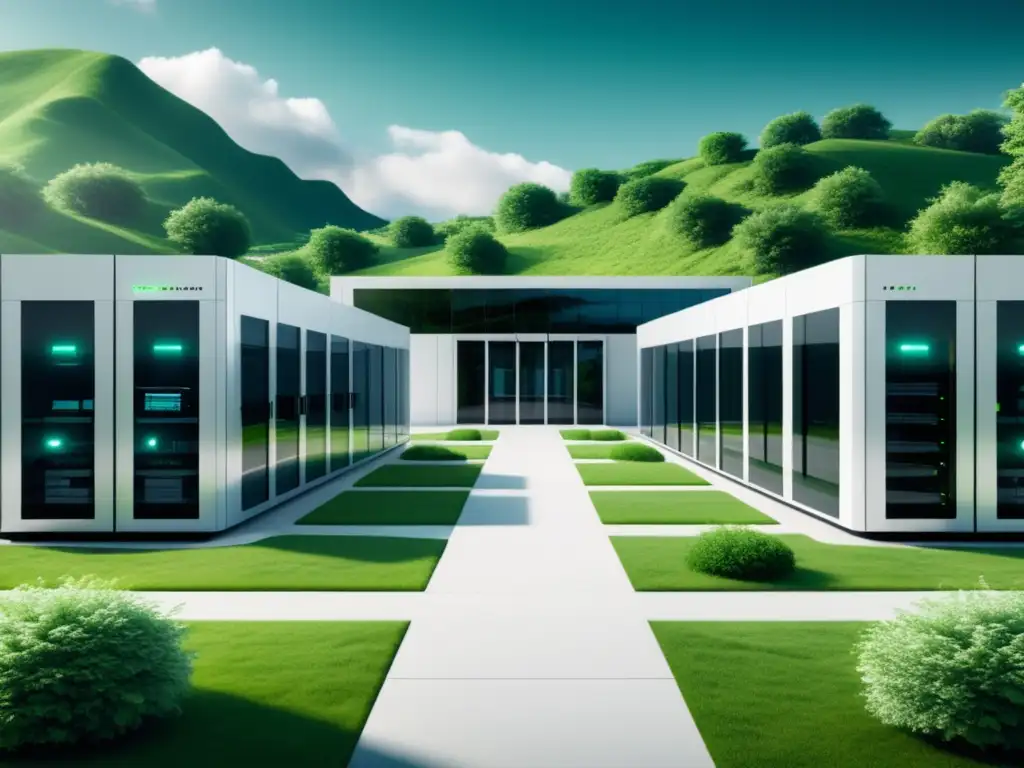 Data center moderno y seguro con ventanas de vidrio, rodeado de naturaleza y equipado con tecnología de vanguardia