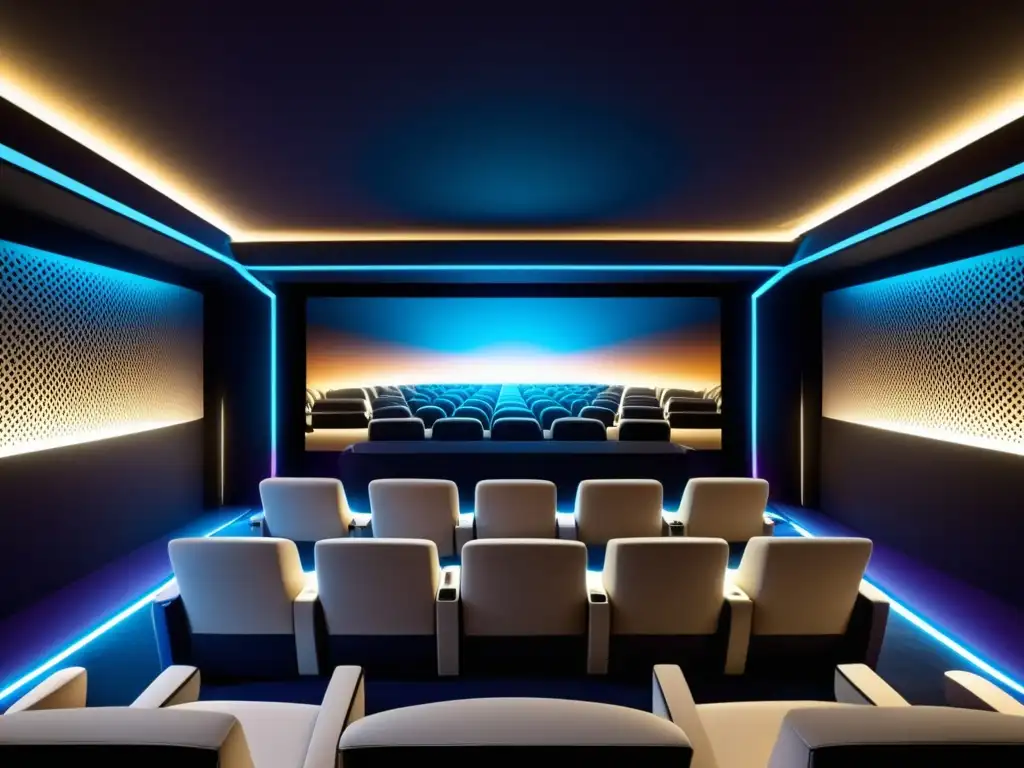 Impacto de la fibra óptica en salas de cine: auditorio moderno, proyección 8K, asientos cómodos y tecnología avanzada