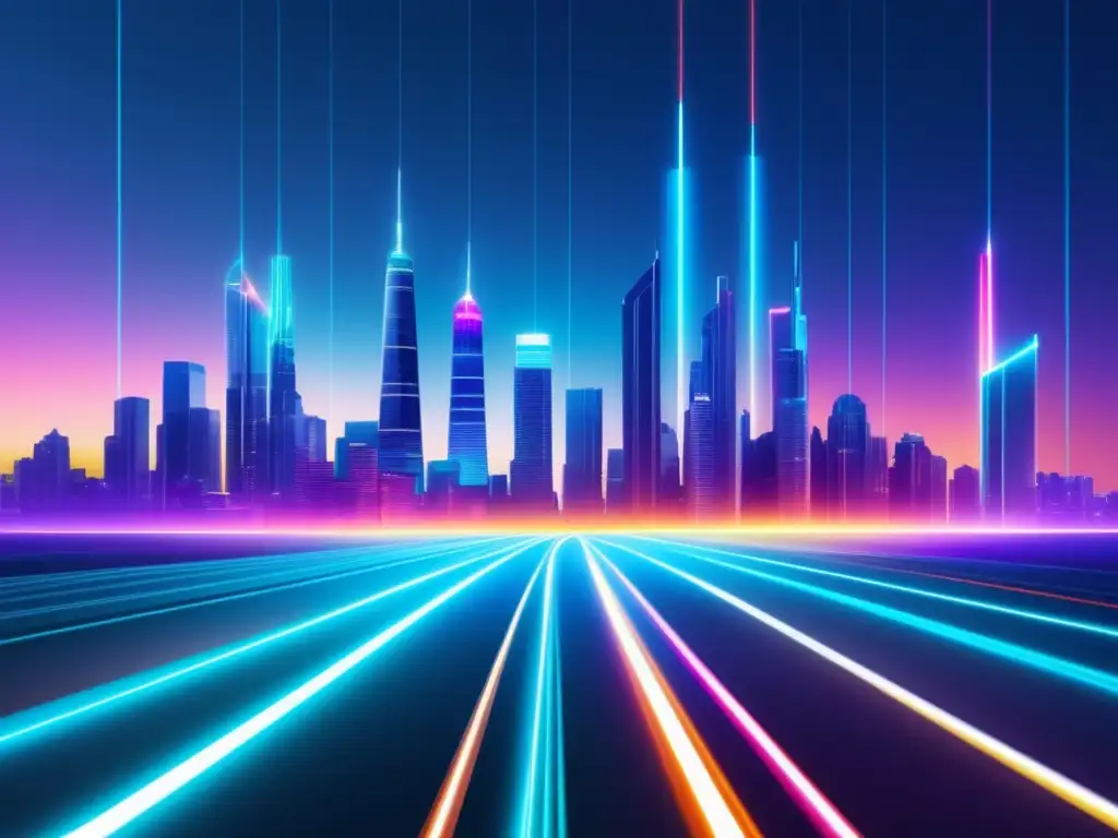 Ciudad futurista iluminada por fibra óptica Impacto de la fibra óptica en el comercio electrónico, ciudad futurista con edificios de vidrio y luces de fibra óptica