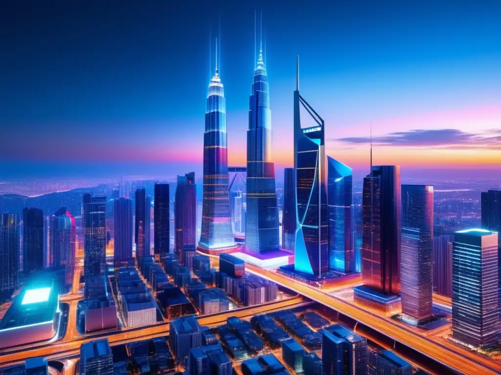 Moderna ciudad con rascacielos iluminados Avances en fibra óptica IoT en impresionante imagen urbana