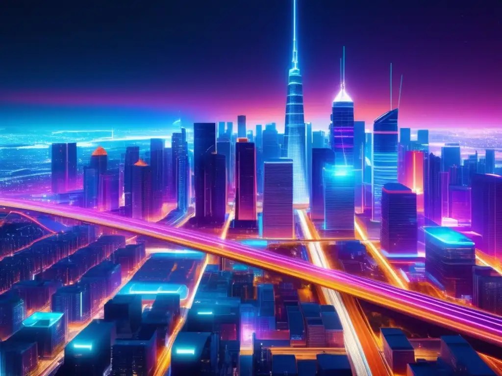 Ciudad futurista de noche con edificios iluminados y red de fibra óptica en colores neon