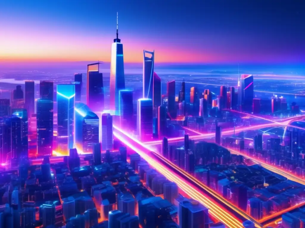 Cityscape futurista iluminada por luces vibrantes, que simboliza beneficios de la fibra óptica en la comunicación