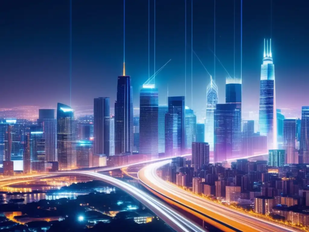 Ciudad nocturna conectada por fibra óptica Ciudad nocturna con arquitectura moderna y colores vibrantes, iluminada por fibra óptica