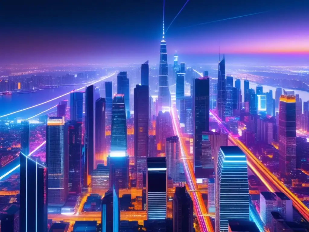 Ciudad moderna iluminada con cables de fibra óptica Importancia económica de la fibra óptica en una impresionante imagen nocturna de una moderna ciudad iluminada por vibrantes luces