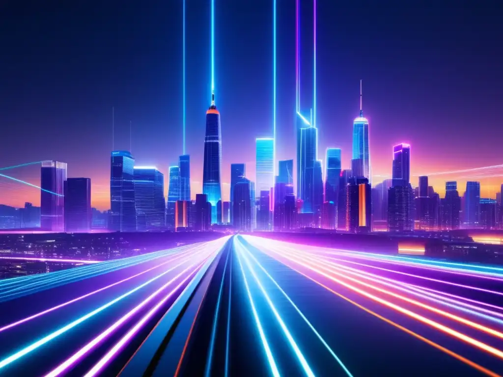 Ciudad futurista nocturna: Brecha digital en fibra óptica
