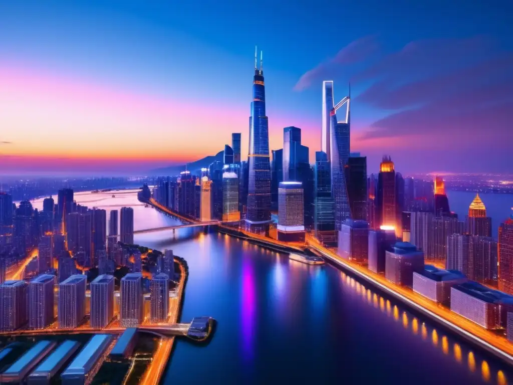 Ciudad moderna con rascacielos al atardecer