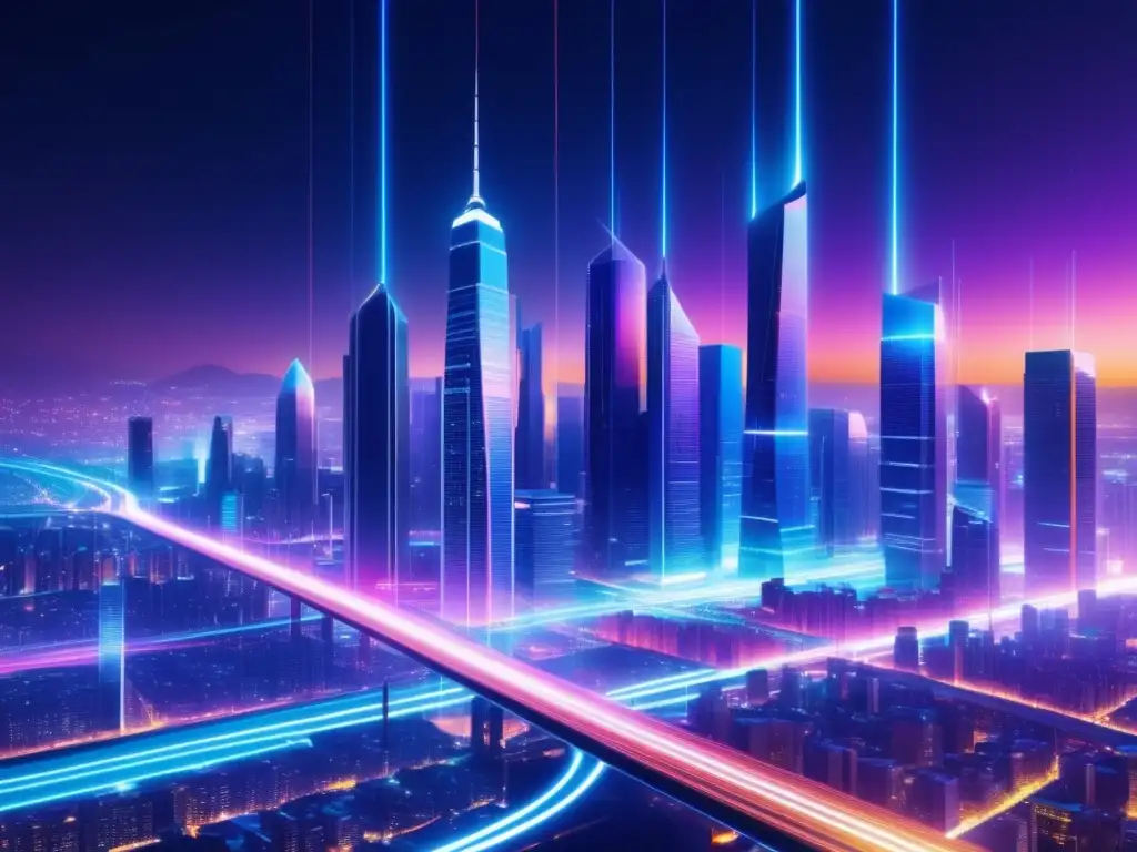 Transformación digital con fibra óptica en ciudades: ciudad futurista iluminada con redes de datos