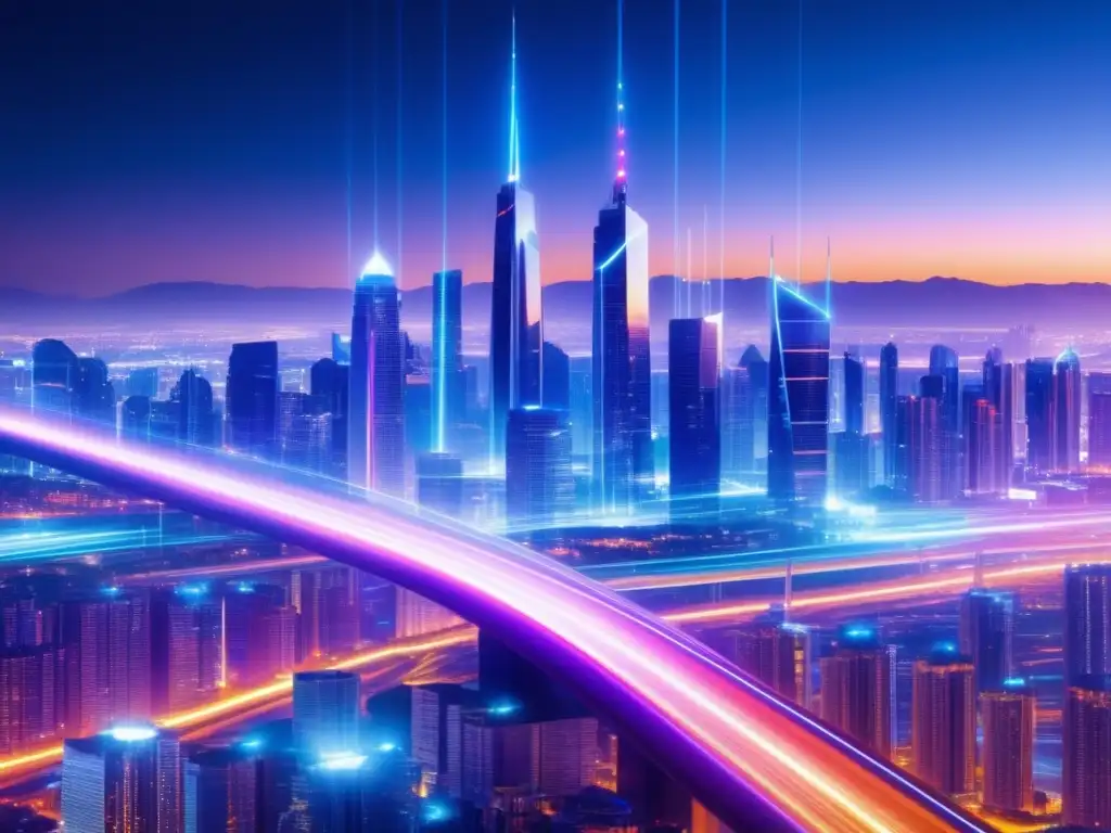 Ciudad moderna iluminada con fibra óptica Impacto de la fibra óptica en el comercio electrónico: Ciudad moderna con rascacielos y cables de fibra óptica