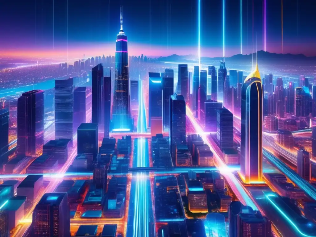 Ciudad futurista iluminada por datos Ciudad futurista, fibra óptica y beneficios ocultos en comunicación eficiente