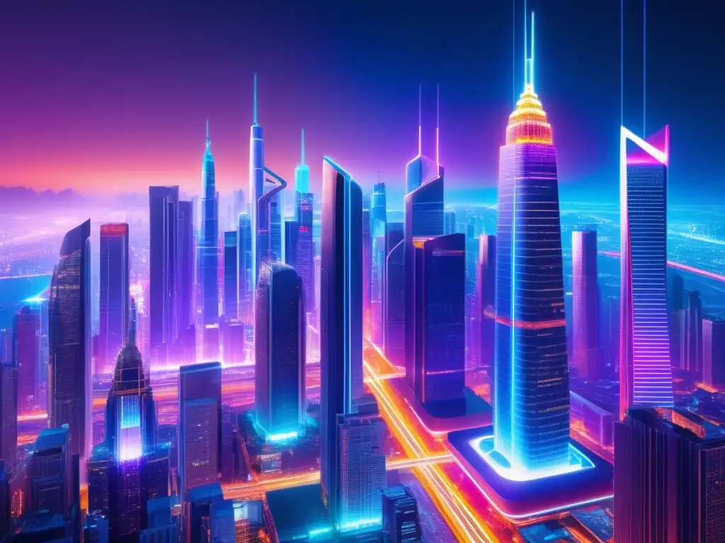 Futuro ciudad con rascacielos modernos, luces neón y cables de fibra óptica, destacando la importancia de la fibra óptica en la censura digital