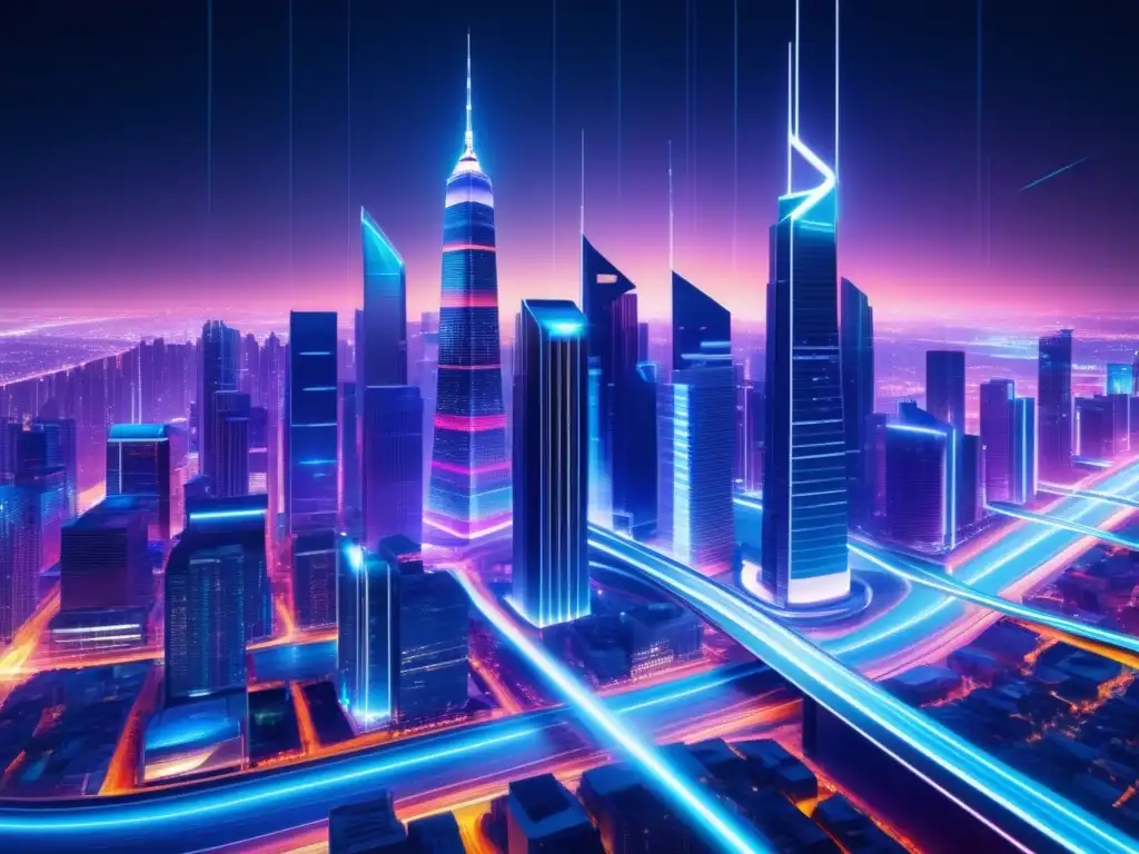 Impacto fibra óptica en redes globales: ciudad futurista con rascacielos minimalistas, cables de fibra óptica como venas brillantes conectando edificios y transmitiendo información de manera fluida