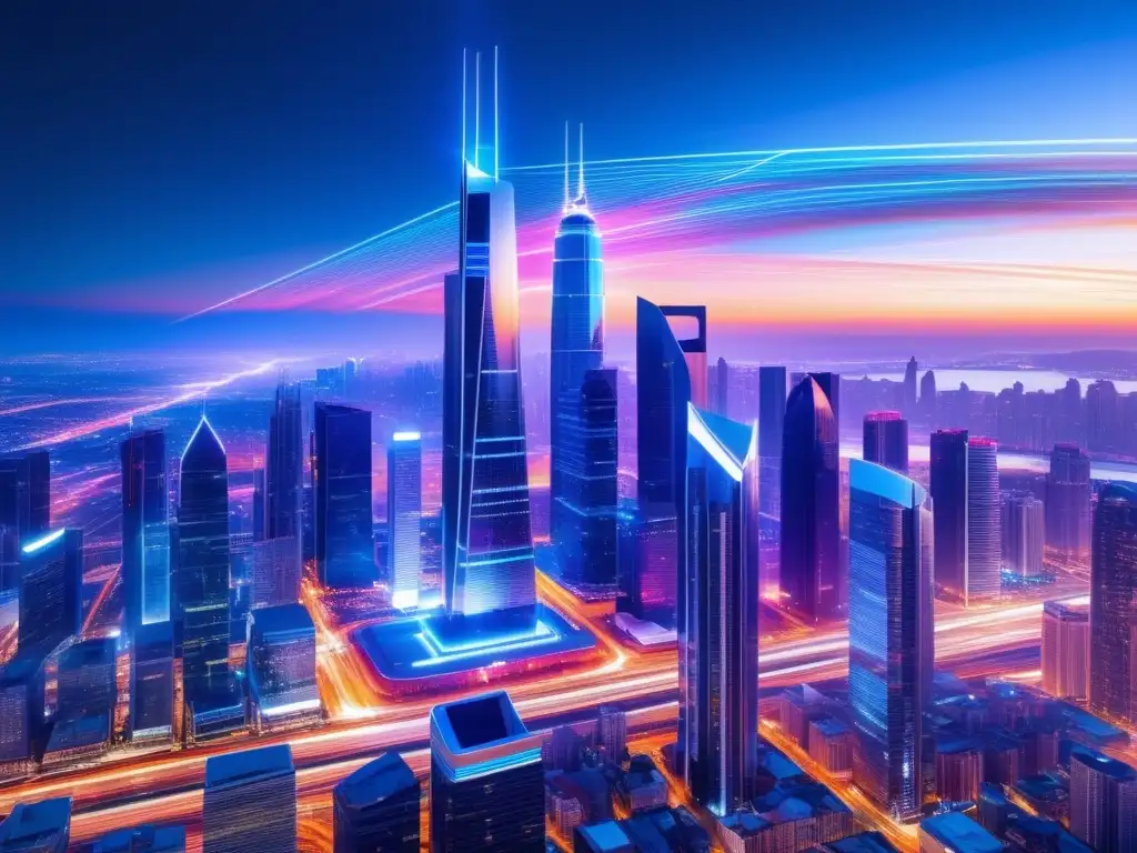 Futurista ciudad iluminada con luz vibrante, destacando arquitectura moderna y beneficios de la fibra óptica en la era del 5G