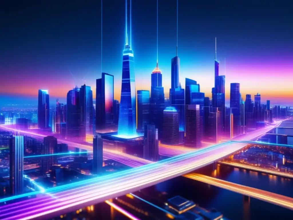 Revolución de la fibra óptica: Impacto global en una ciudad futurista, conectada por cables de fibra óptica vibrantes