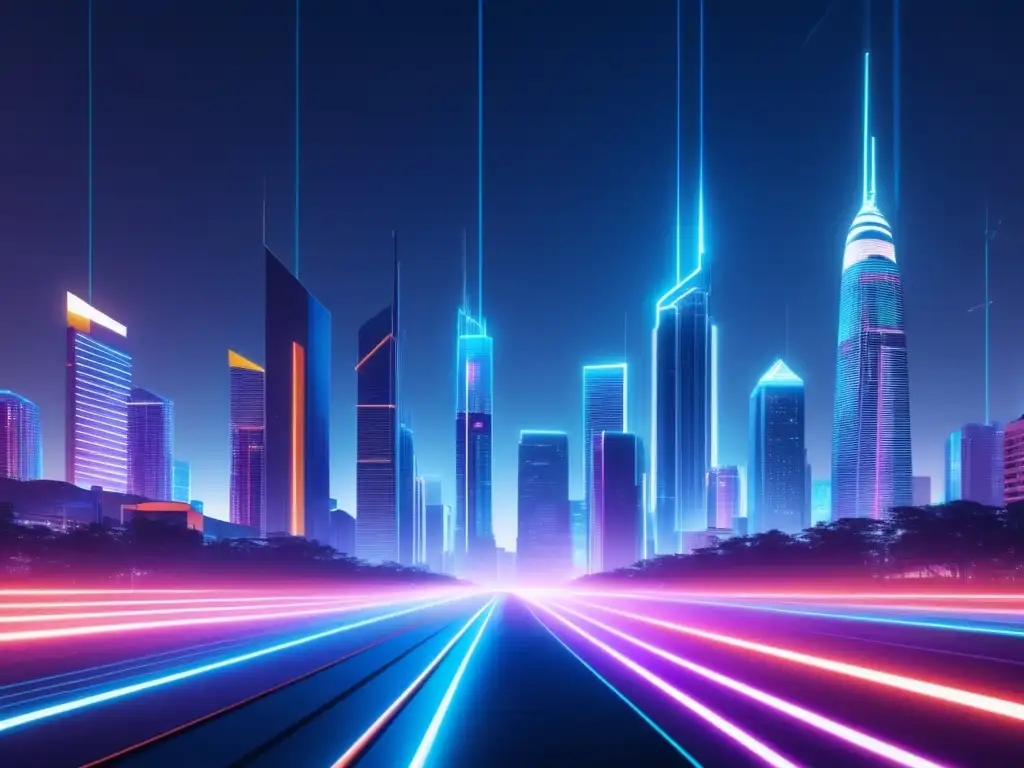 Importancia de la fibra óptica en la era digital: ciudad futurista con cables de fibra óptica iluminados