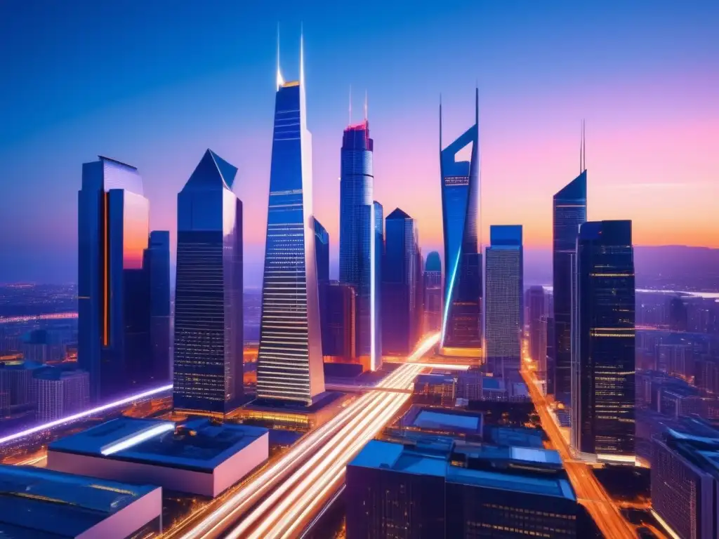 Ciudad moderna al atardecer con edificios iluminados y normativas de fibra óptica para la vida diaria