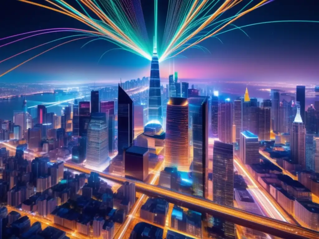 Impacto de la fibra óptica en la urbanización: Ciudad nocturna, 8K, cables de fibra óptica vibrantes, conectividad y comunicación