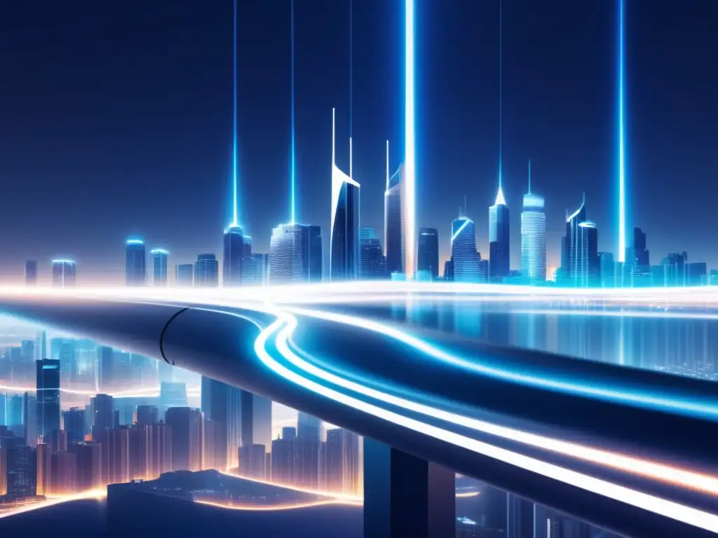 Ventajas y desventajas de la fibra óptica en una ilustración minimalista de un cable luminoso atravesando una ciudad futurista