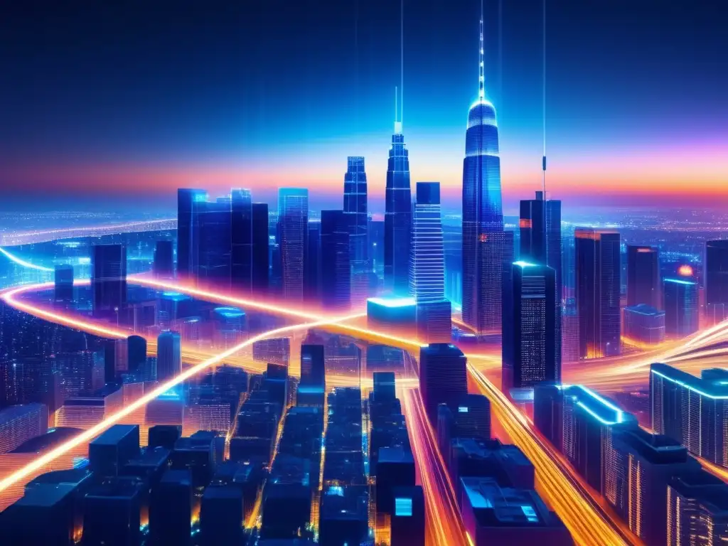 Ventajas de la fibra óptica en la urbanización digital: ciudad futurista iluminada con cables de fibra óptica