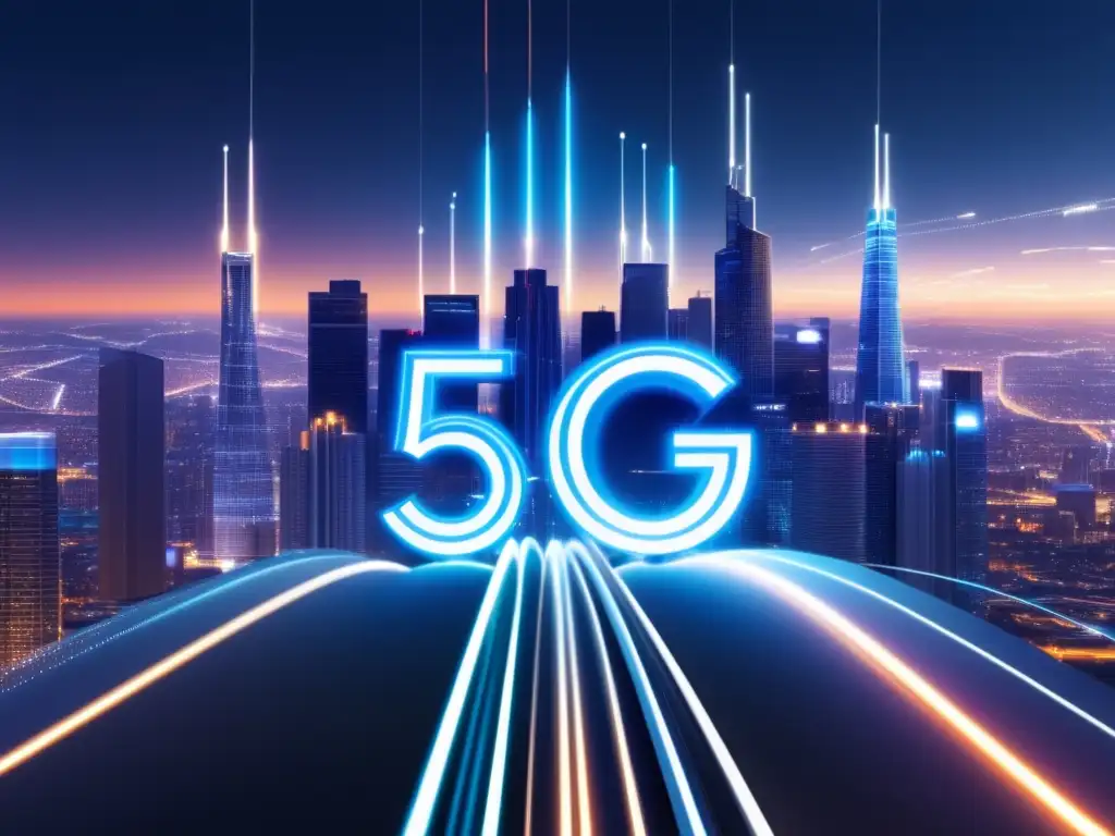 Beneficios de la fibra óptica en el 5G: Futurista imagen que muestra la fusión entre ambos, con cables brillantes y un símbolo 5G