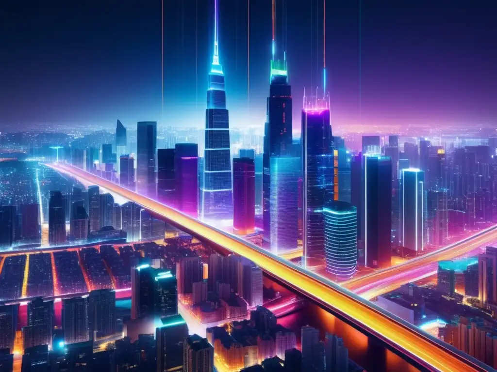 Ciudad nocturna conectada con fibra óptica Vibrante ciudad nocturna conectada por fibra óptica, beneficios en participación ciudadana