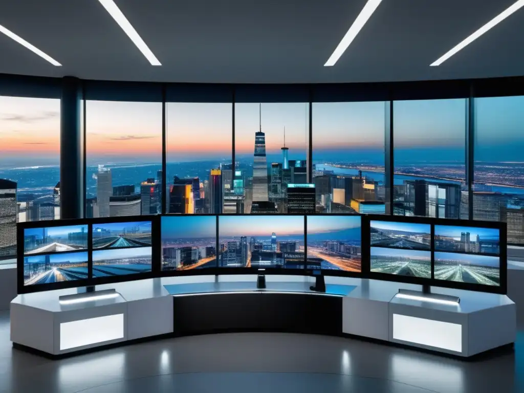 Control de seguridad moderno con vista panorámica a la ciudad al atardecer Control de seguridad moderno con vista a la ciudad, destacando la integración de la fibra óptica