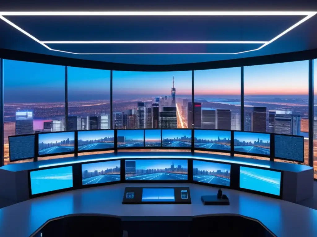 Control de vigilancia moderno y tecnológico Control de seguridad con tecnología de fibra óptica: sala de control con vista panorámica de la ciudad al anochecer