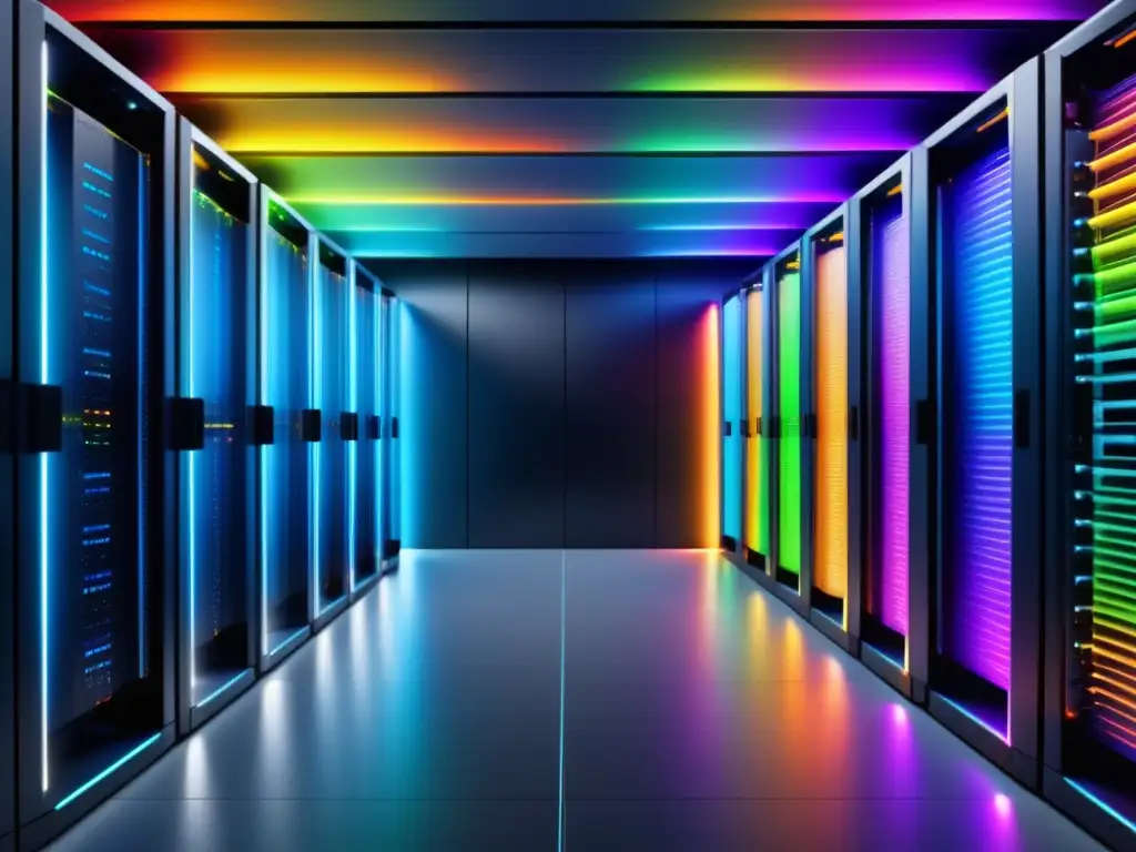 Data center moderno con cables de fibra óptica organizados y coloridos Importancia de la fibra óptica en un centro de datos moderno y eficiente con cables de fibra óptica ordenados y coloridos
