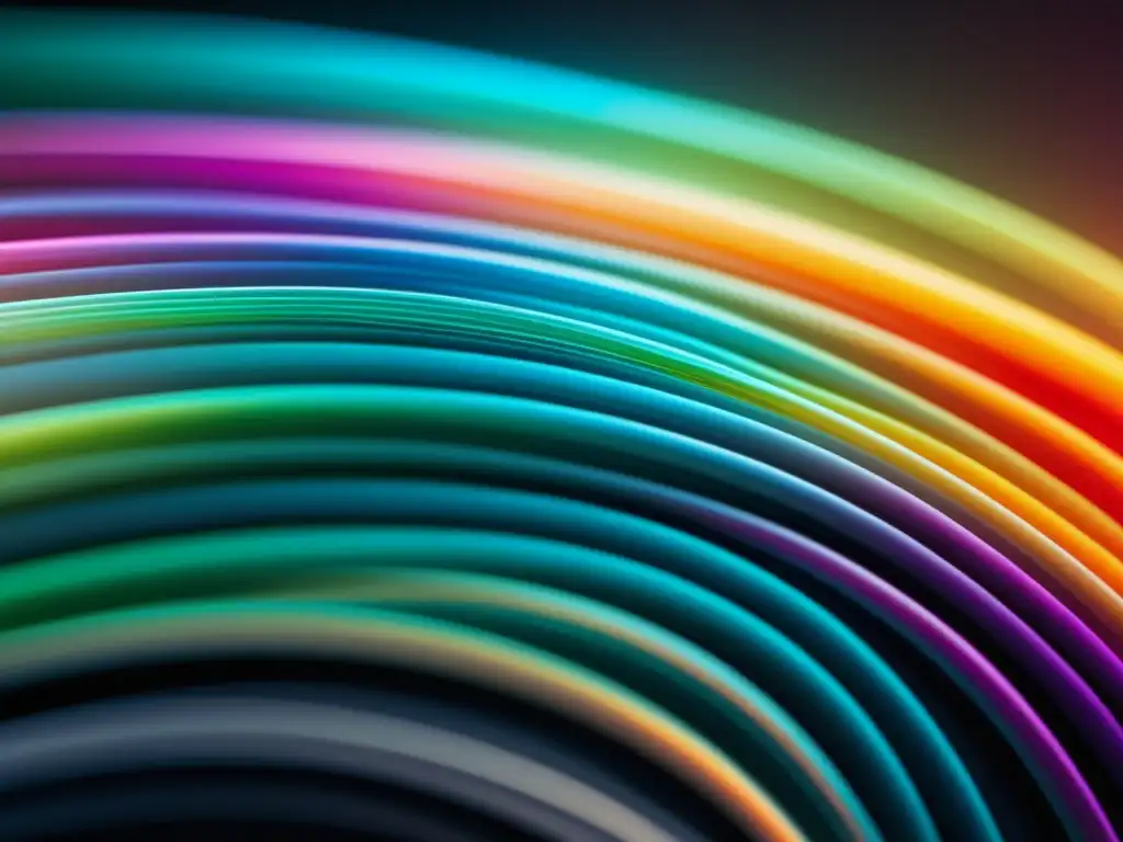 Materiales desconocidos en fibra óptica revelados: imagen detallada de un cable de fibra óptica con diseño moderno y estético minimalista, compuesto por hebras transparentes que brillan con vibrantes colores