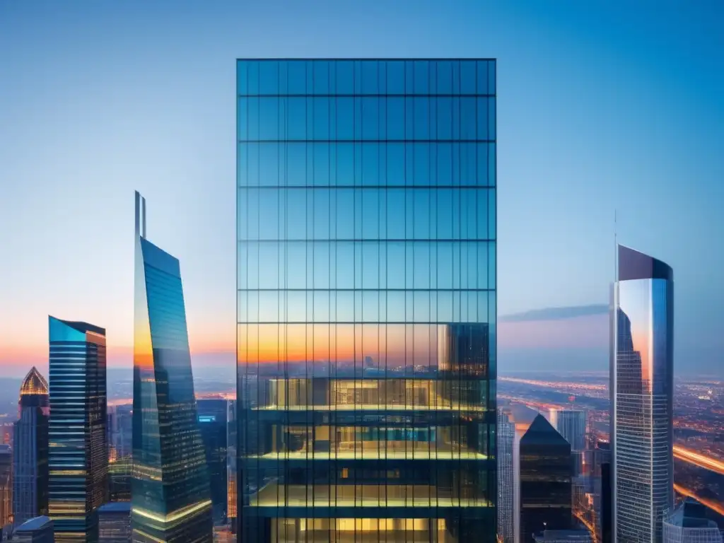 Edificio bancario moderno con fachada de vidrio reflejando la ciudad y simbolizando la digitalización de servicios financieros