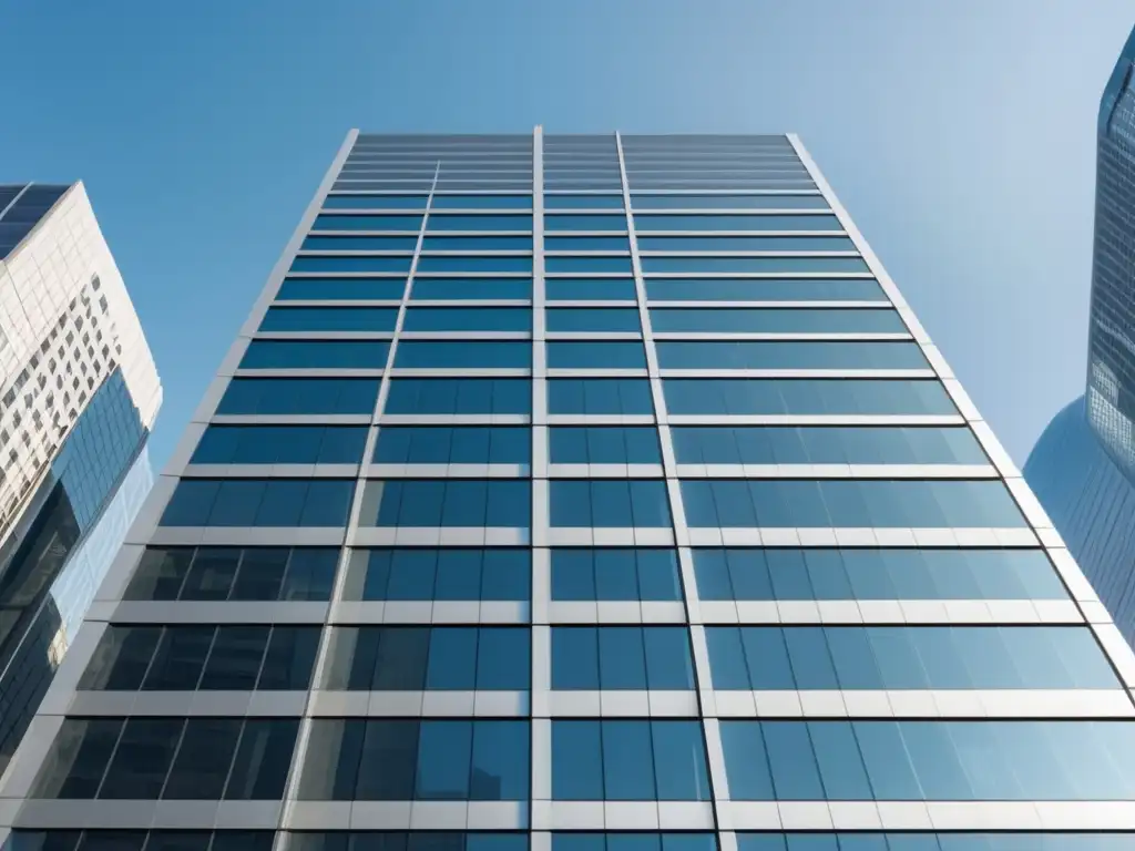 Edificio bancario moderno con ventanales de vidrio reflejando la ciudad, diseño minimalista, fibra óptica en banca - Ventajas y desafíos