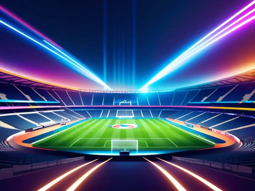 Beneficios de la fibra óptica en el deporte: Estadio moderno iluminado por vibrantes rayos de luz, integrando tecnología y potenciando la conexión