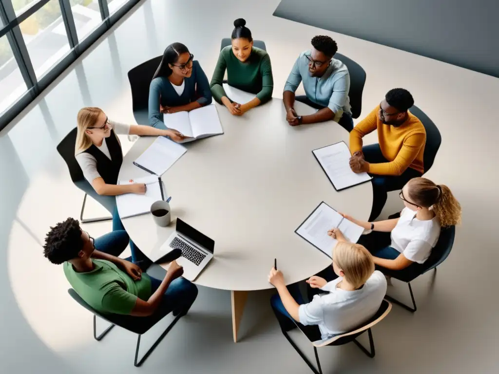 Ventajas educativas de la fibra óptica: estudiantes colaborando en un aula moderna, comunicación global y tecnología avanzada