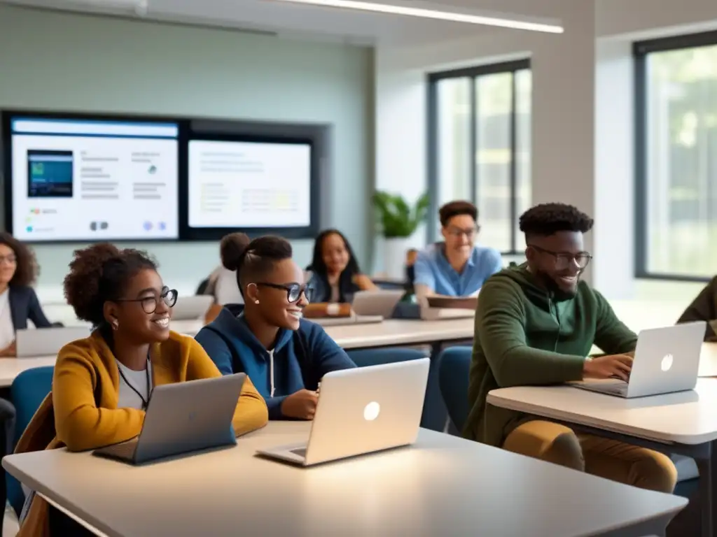 Estudiantes diversos en aula moderna con beneficios de la fibra óptica en educación digital