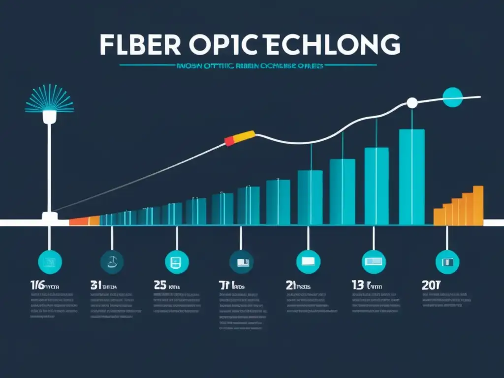 Historia de la fibra óptica global: evolución tecnológica en una imagen minimalista y moderna, con hitos y diseño futurista