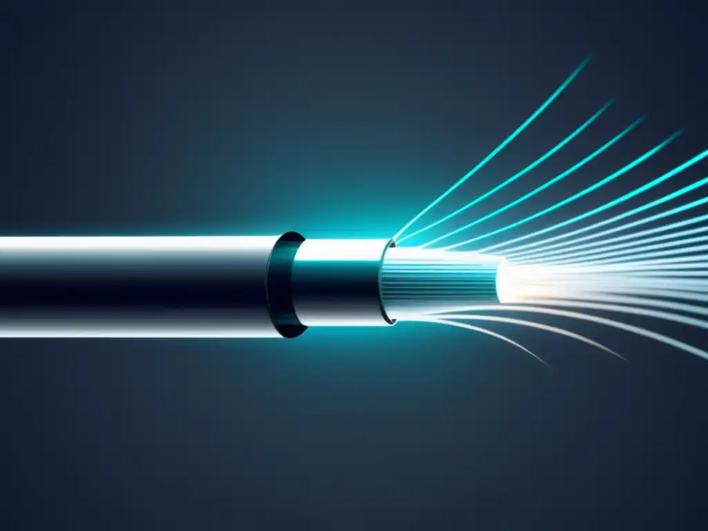 Tecnología de fibra óptica segura: estructura cilíndrica brillante con cables de fibra iluminados, transmitiendo datos de alta velocidad