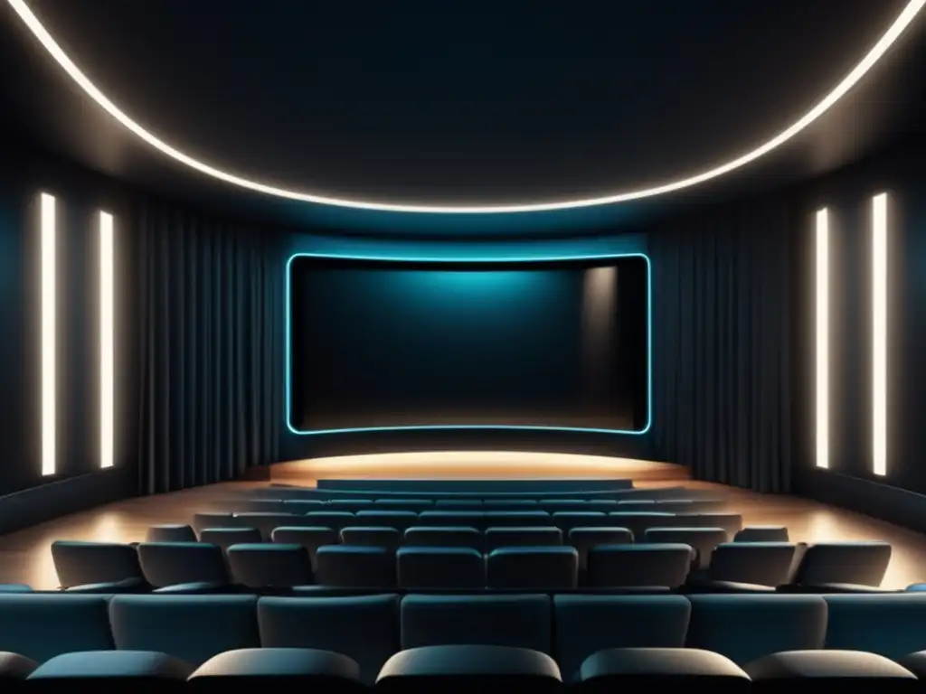 Impacto de la fibra óptica en el cine: futurista sala con pantalla envolvente de alta resolución y asientos interactivos