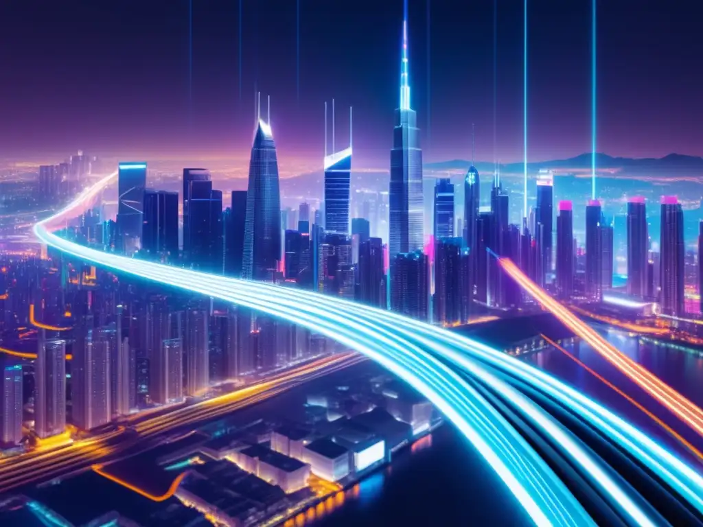 Ventajas fibra óptica en IA: cable futurista conectado a una ciudad iluminada, datos fluyen en edificios modernos