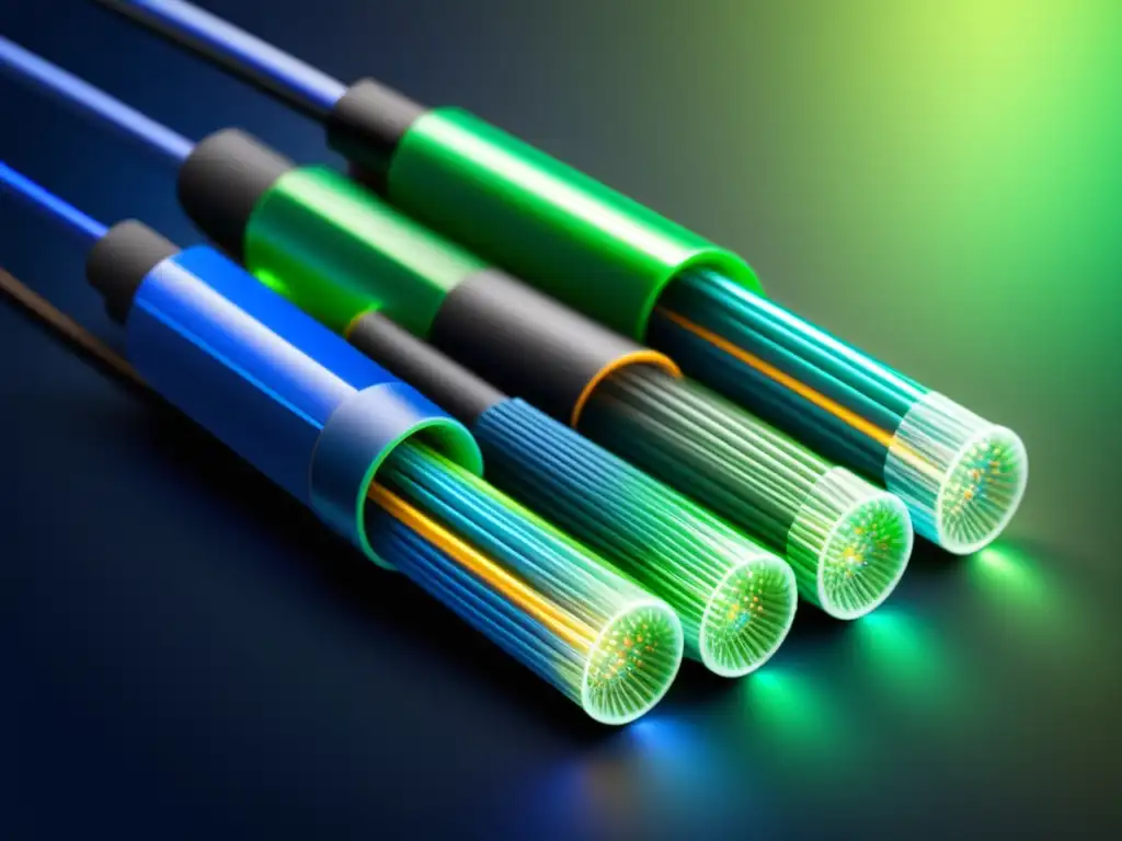 Procesos de transmisión en fibra óptica: Detallada imagen de cable óptico con capas codificadas en colores vibrantes, mostrando propagación y dispersión cromática