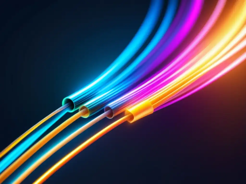 Revolución tecnológica de la fibra óptica: imagen 8k detallada y cautivadora del cable óptico, con colores vibrantes y fondo minimalista